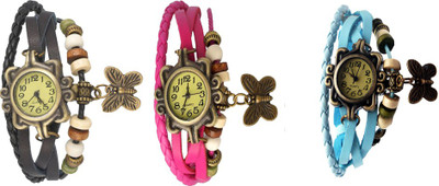 

Kissu Vintage Rakhi Watch Combo of 3 Black, Pink And Sky Blue Watch - For Women