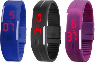 

NS18 Silicone Led Magnet Band Combo of 3 Blue, Black And Purple Watch - For Boys & Girls