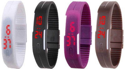 Kissu Led Magnet Band Combo of 4 White, Black, Purple And Brown Watch - For Men & Women