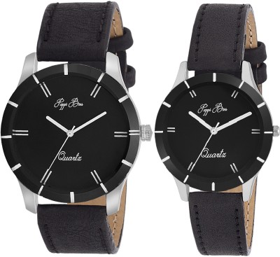Pappi Boss Premier Combo of 2 Simple & Sober Z-Black Leather Classic Analog Watch  - For Couple   Watches  (Pappi Boss)