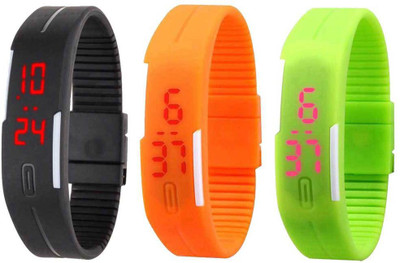 

NS18 Silicone Led Magnet Band Combo of 3 Black, Orange And Green Watch - For Boys & Girls