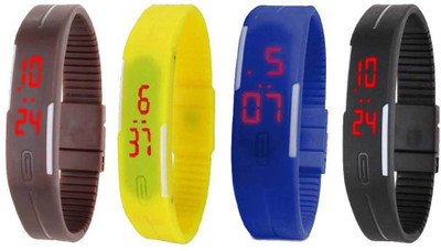 

NS18 Silicone Led Magnet Band Combo of 4 Brown, Yellow, Blue And Black Watch - For Boys & Girls