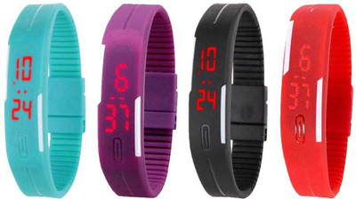 

NS18 Silicone Led Magnet Band Watch Combo of 4 Sky Blue, Purple, Black And Red Watch - For Couple