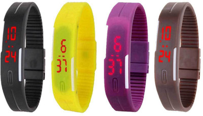 Kissu Led Magnet Band Combo of 4 Black, Yellow, Purple And Brown Watch - For Men & Women