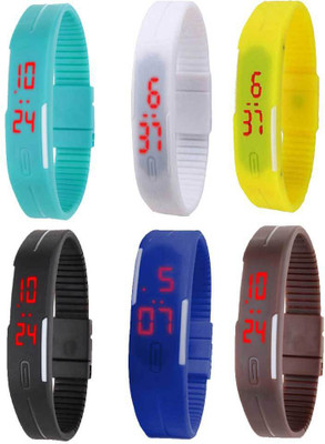 

NS18 Silicone Led Magnet Band Combo of 6 Sky Blue, White, Yellow, Black, Blue And Brown Watch - For Boys & Girls