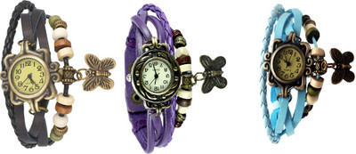 

Kissu Vintage Rakhi Watch Combo of 3 Black, Purple And Sky Blue Watch - For Women