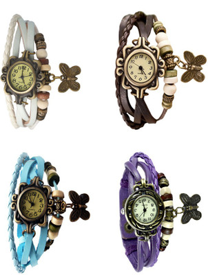 

Kissu Vintage Rakhi Combo of 4 White, Sky Blue, Brown And Purple Watch - For Women