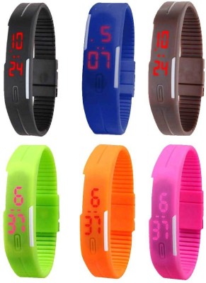 NS18 Silicone Led Magnet Band Combo of 6 Black, Blue, Brown, Green, Orange And Pink Digital Watch  - For Boys & Girls   Watches  (NS18)