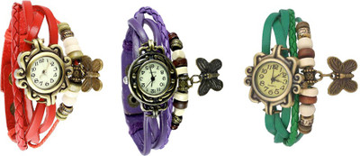

Kissu Vintage Rakhi Watch Combo of 3 Red, Purple And Green Watch - For Women