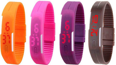 NS18 Silicone Led Magnet Band Combo of 4 Orange, Pink, Purple And Brown Watch - For Boys & Girls