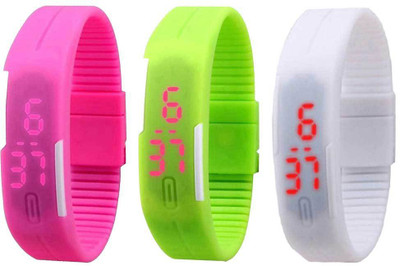 

NS18 Silicone Led Magnet Band Combo of 3 Pink, Green And White Watch - For Boys & Girls