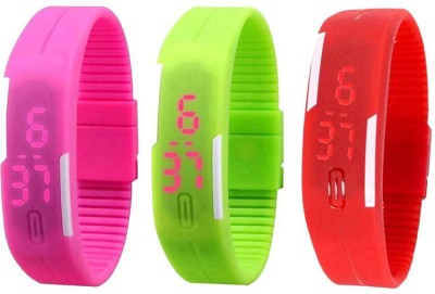 NS18 Silicone Led Magnet Band Combo of 3 Pink, Green And Red Digital Watch  - For Boys & Girls   Watches  (NS18)