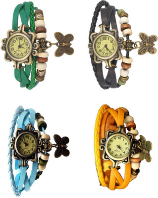 

Kissu Vintage Rakhi Combo of 4 Green, Sky Blue, Black And Yellow Watch - For Women