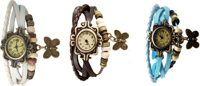 

Kissu Vintage Rakhi Watch Combo of 3 White, Brown And Sky Blue Watch - For Women