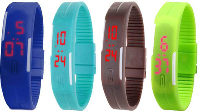 

NS18 Silicone Led Magnet Band Combo of 4 Blue, Sky Blue, Brown And Green Watch - For Boys & Girls
