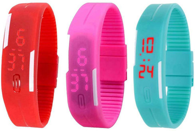 

NS18 Silicone Led Magnet Band Combo of 3 Red, Pink And Sky Blue Watch - For Boys & Girls