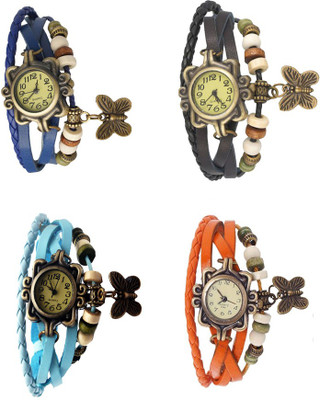 

Kissu Vintage Rakhi Combo of 4 Blue, Sky Blue, Black And Orange Watch - For Women