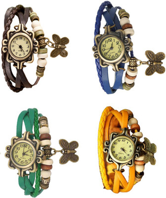 

Kissu Vintage Rakhi Combo of 4 Brown, Green, Blue And Yellow Watch - For Women