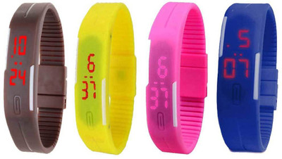 

NS18 Silicone Led Magnet Band Combo of 4 Brown, Yellow, Pink And Blue Watch - For Boys & Girls