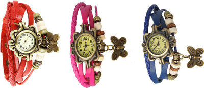 

NS18 Vintage Butterfly Rakhi Watch Combo of 3 Red, Pink And Blue Watch - For Women