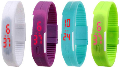 Kissu Led Magnet Band Combo of 4 White, Purple, Sky Blue And Green Watch - For Men & Women