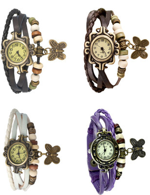 

Kissu Vintage Rakhi Combo of 4 Black, White, Brown And Purple Watch - For Women