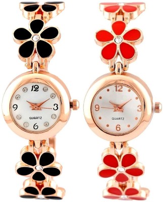 Pappi Boss Designer Black & Red Flower Golden Chain Bracelet Analog Watch  - For Women   Watches  (Pappi Boss)