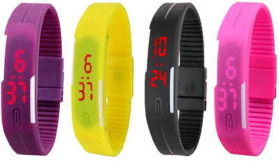 Kissu Led Magnet Band Combo of 4 Purple, Yellow, Black And Pink Watch - For Men & Women