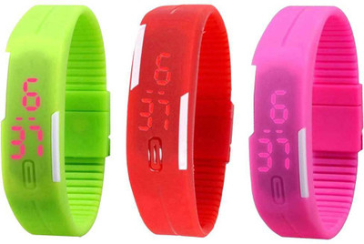 

NS18 Silicone Led Magnet Band Combo of 3 Green, Red And Pink Watch - For Boys & Girls