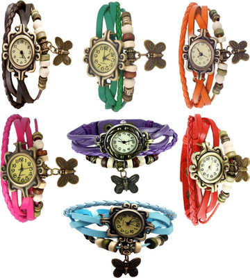 

Kissu Vintage Rakhi Combo of 7 Brown, Green, Orange, Pink, Purple, Red And Sky Blue Watch - For Women