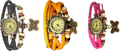 

NS18 Vintage Butterfly Rakhi Watch Combo of 3 Black, Yellow And Pink Watch - For Women