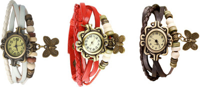 

Kissu Vintage Rakhi Watch Combo of 3 White, Red And Brown Watch - For Women