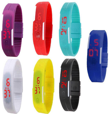 

NS18 Silicone Led Magnet Band Combo of 7 Purple, Red, Sky Blue, White, Yellow, Black And Blue Watch - For Boys & Girls