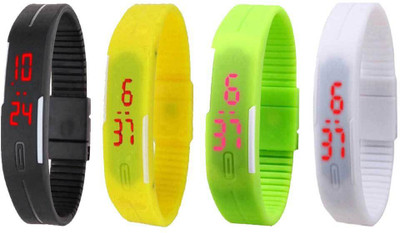 

NS18 Silicone Led Magnet Band Combo of 4 Black, Yellow, Green And White Watch - For Boys & Girls