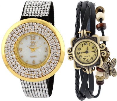 Genevaa Pack of 2 Designer Weddng Collection Full Diamond Studded & Vintage Black Butterfly Leather Analog Watch  - For Women   Watches  (Genevaa)