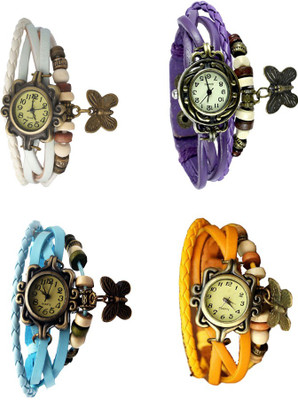 

Kissu Vintage Rakhi Combo of 4 White, Sky Blue, Purple And Yellow Watch - For Women