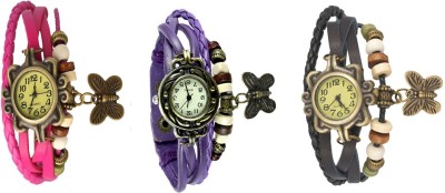 NS18 Vintage Butterfly Rakhi Watch Combo of 3 Pink, Purple And Black Analog Watch  - For Women   Watches  (NS18)