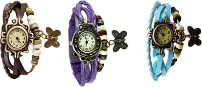 

NS18 Vintage Butterfly Rakhi Watch Combo of 3 Brown, Purple And Sky Blue Watch - For Women