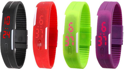 Kissu Led Magnet Band Combo of 4 Black, Red, Green And Purple Watch - For Men & Women