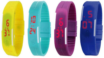 

NS18 Silicone Led Magnet Band Combo of 4 Yellow, Sky Blue, Purple And Blue Watch - For Boys & Girls