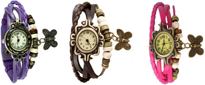 

NS18 Vintage Butterfly Rakhi Watch Combo of 3 Purple, Brown And Pink Watch - For Women