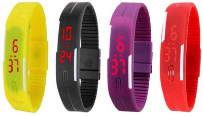 

NS18 Silicone Led Magnet Band Watch Combo of 4 Yellow, Black, Purple And Red Watch - For Couple