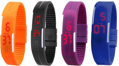 

NS18 Silicone Led Magnet Band Combo of 4 Orange, Black, Purple And Blue Watch - For Boys & Girls