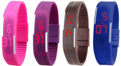 Kissu Led Magnet Band Combo of 4 Pink, Purple, Brown And Blue Watch - For Men & Women