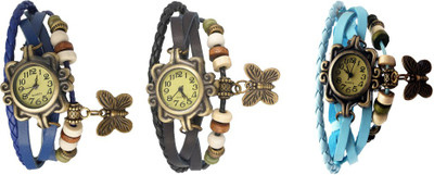 

Kissu Vintage Rakhi Watch Combo of 3 Blue, Black And Sky Blue Watch - For Women
