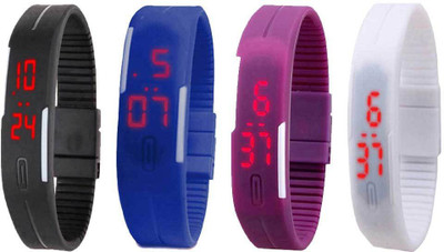 

NS18 Silicone Led Magnet Band Combo of 4 Black, Blue, Purple And White Watch - For Boys & Girls