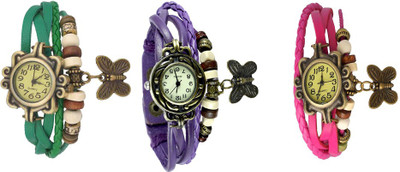 

Kissu Vintage Rakhi Watch Combo of 3 Green, Purple And Pink Watch - For Women