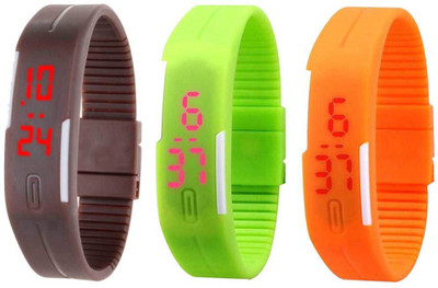 

NS18 Silicone Led Magnet Band Combo of 3 Brown, Green And Orange Watch - For Boys & Girls