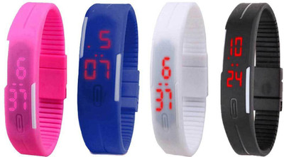 Kissu Led Magnet Band Combo of 4 Pink, Blue, White And Black Watch - For Men & Women