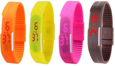 NS18 Silicone Led Magnet Band Combo of 4 Orange, Yellow, Pink And Brown Watch - For Boys & Girls